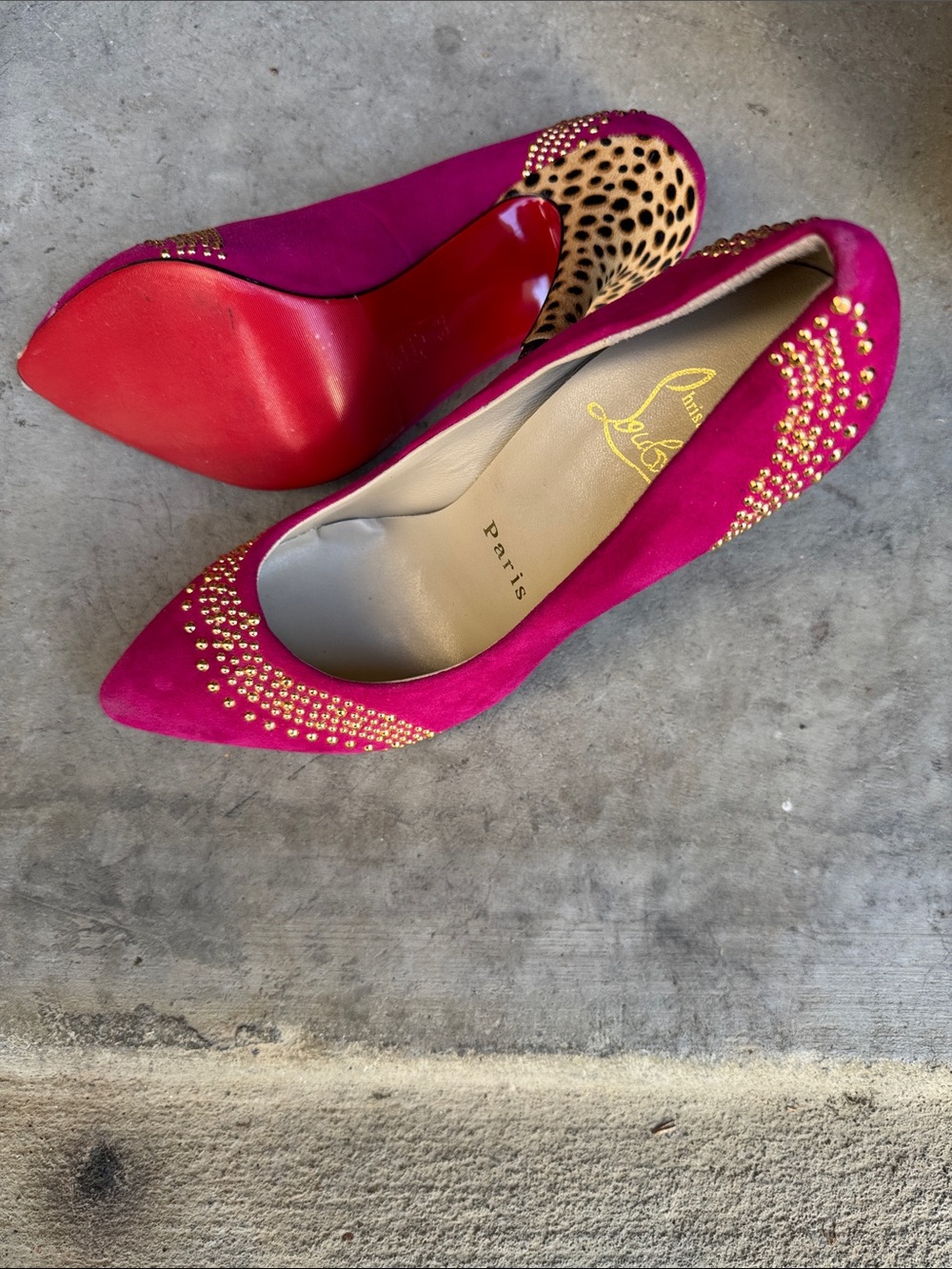 Christian Louboutin Fuchsia Suede Pointed Toe Flats with Stud & Leopard Accent